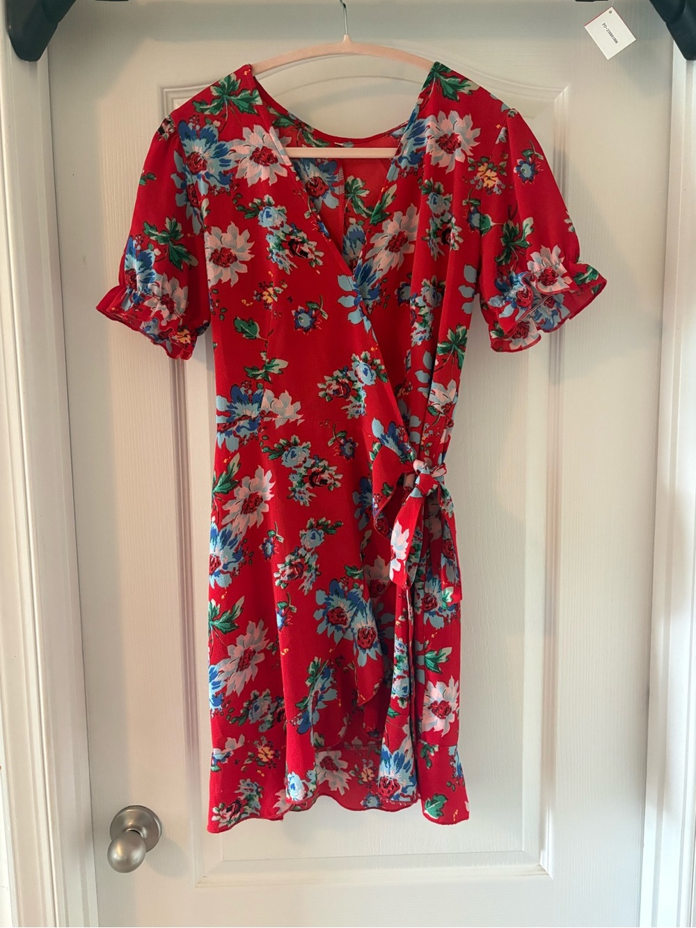 Red floral wrap dress